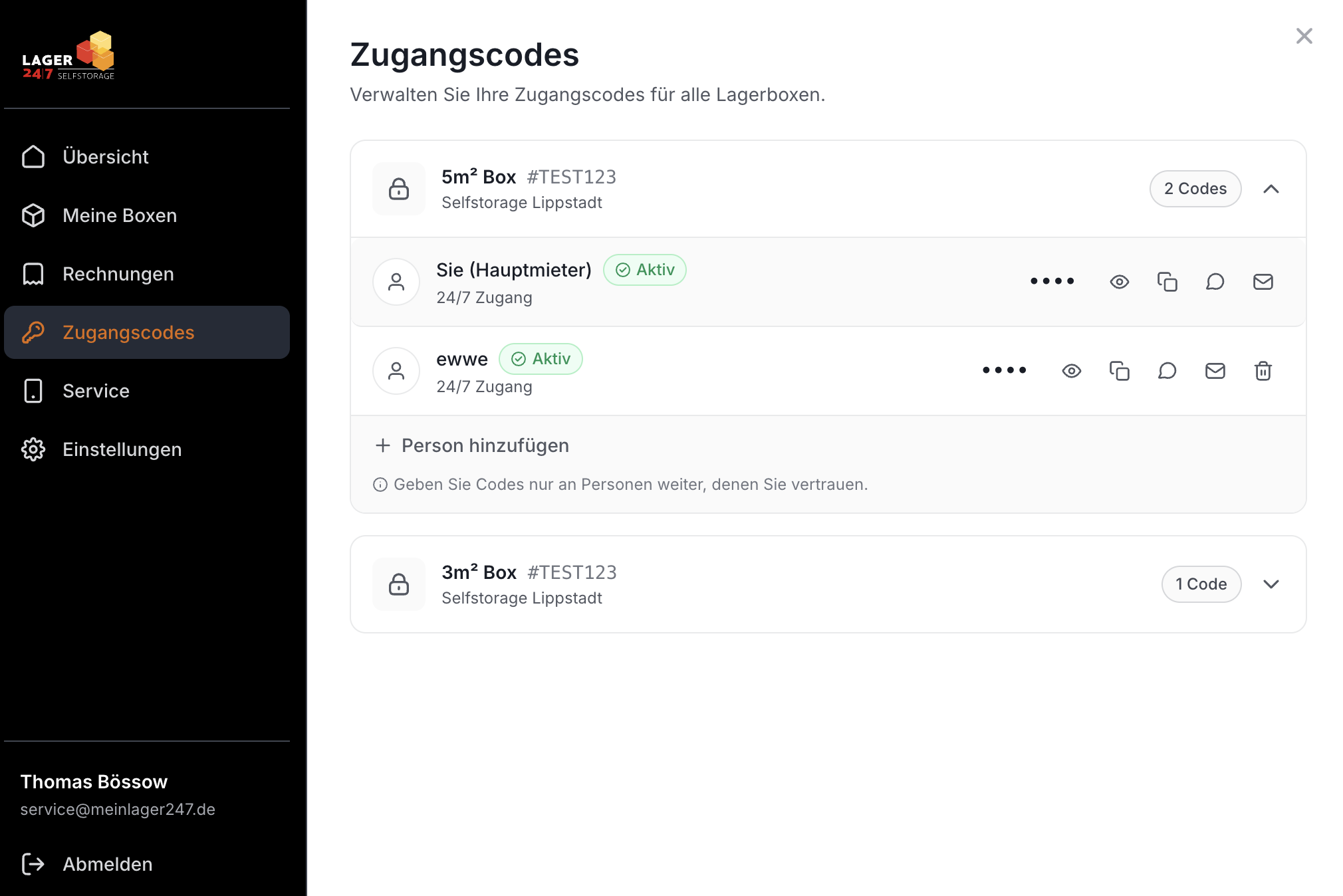 Zugangscodes für Lagerboxen im Kundenportal verwalten
