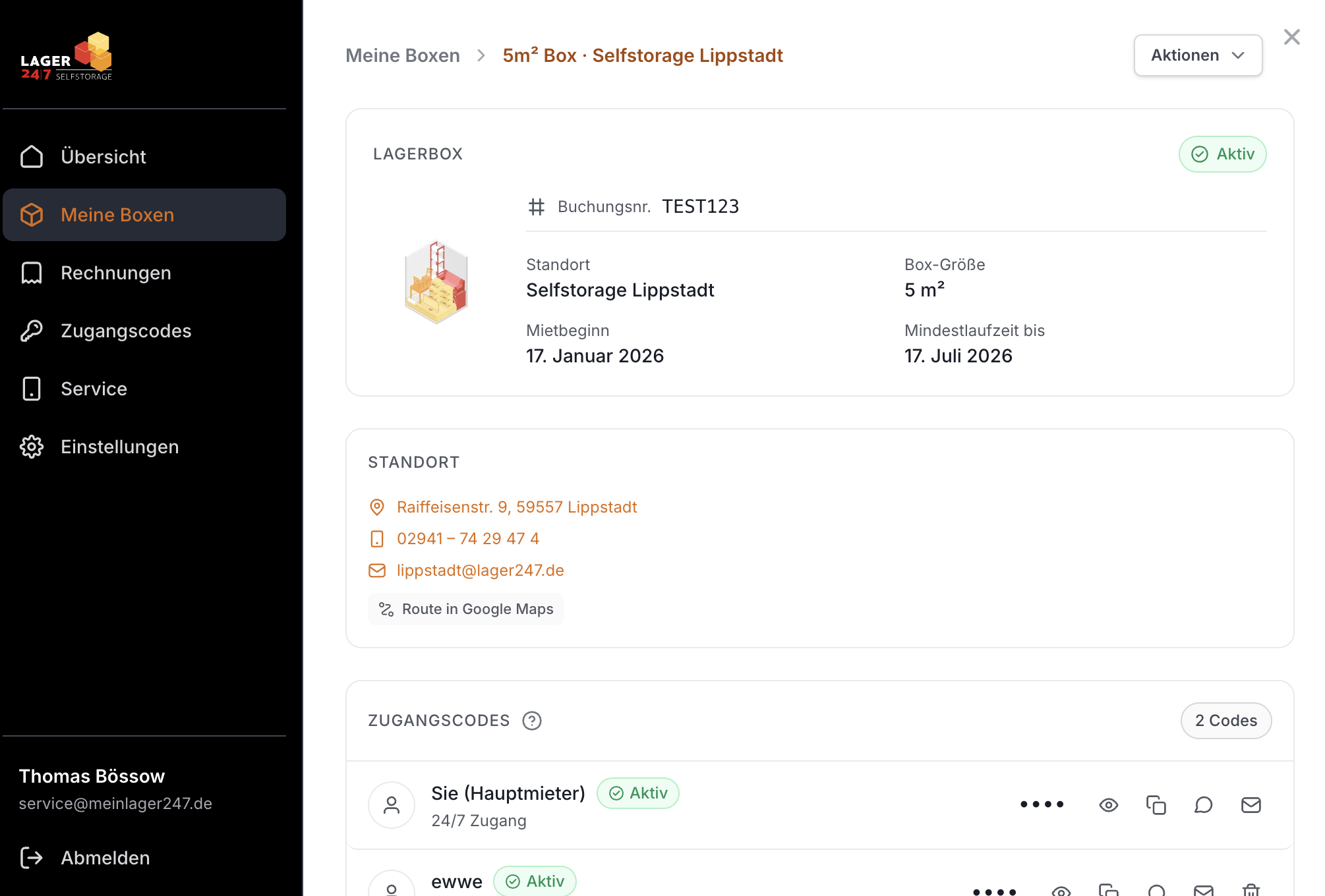 Buchungsdetails einer Lagerbox im Lager 24/7 Kundenportal