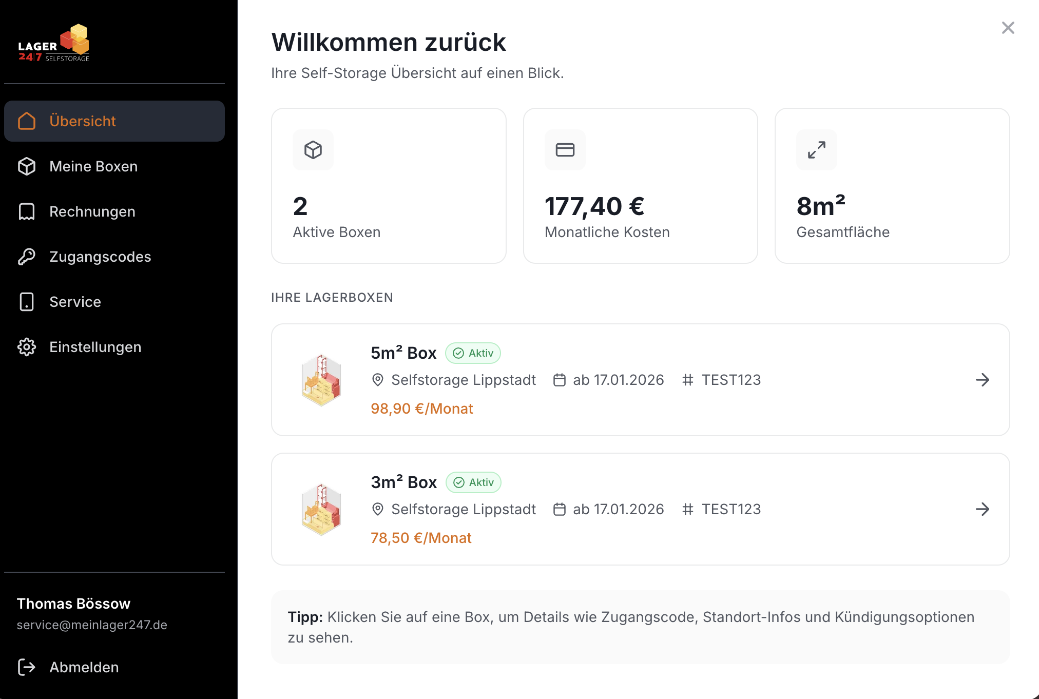 Kundenportal Übersicht für aktive Lagerboxen bei Lager 24/7